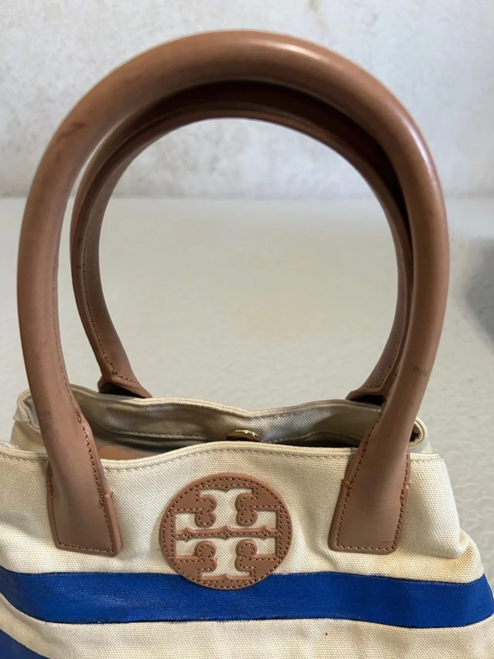 Tory Burch Blue, Cream & Tan Canvas Leather Tote - Picture 2 of 16